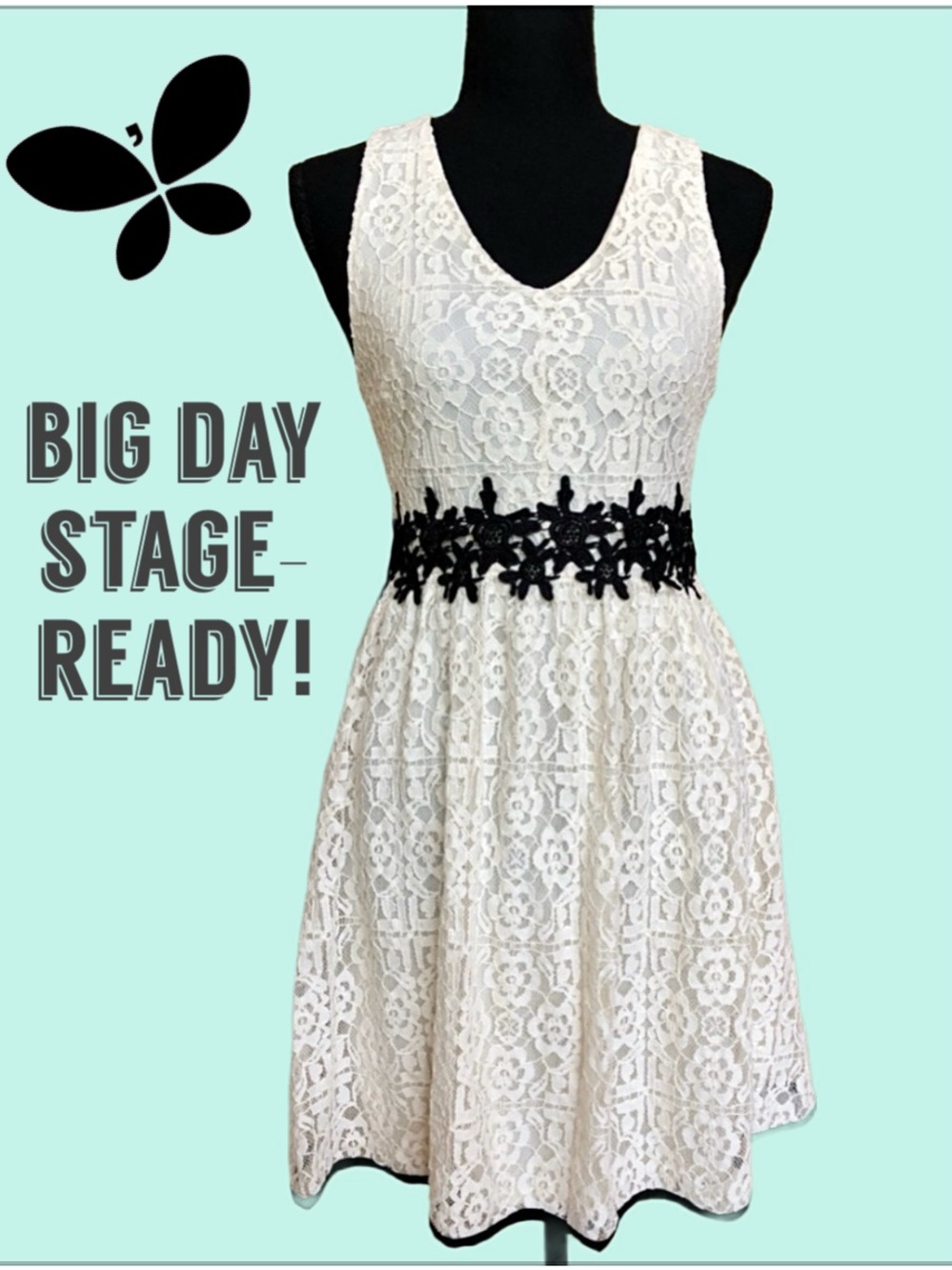 Altar’d State Sleeveless V-Neck Ivory White Black Lined Lace Dress (S)